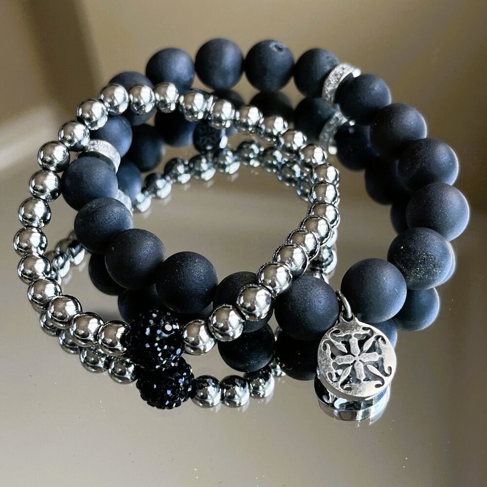 Rustic Cuff Stackable Stretch Bracelet Set Black … - image 2